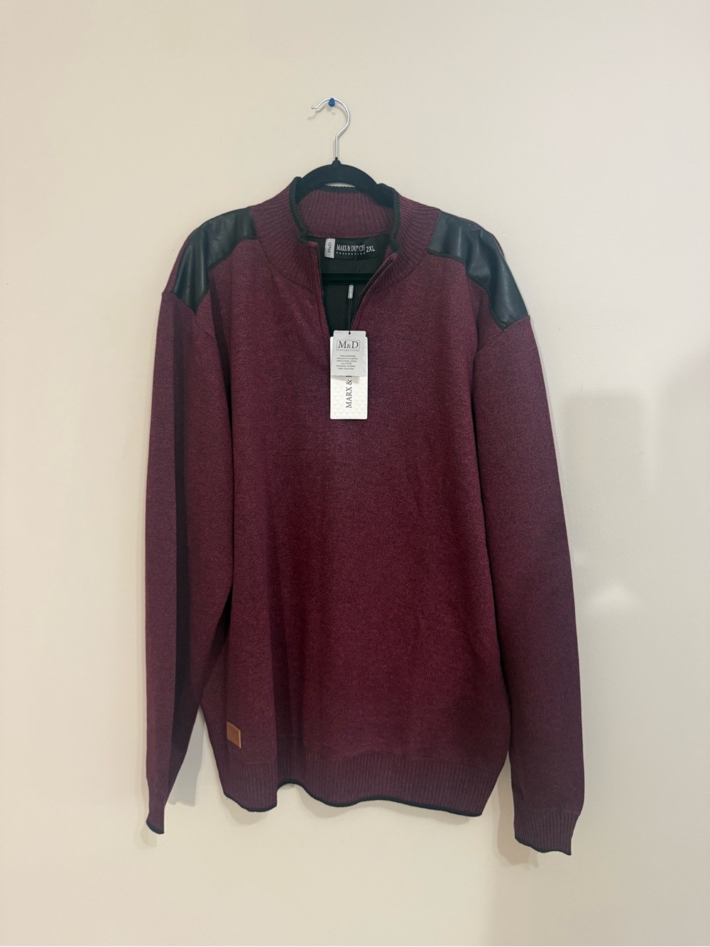Marx & Dutch Men’s Size 2XL Half- Zip Sweater with Black Leather Shoulder Panels